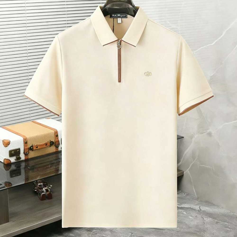 Ferragamo Half-Zip Collar Cream Cotton Piqué Polo T-shirt