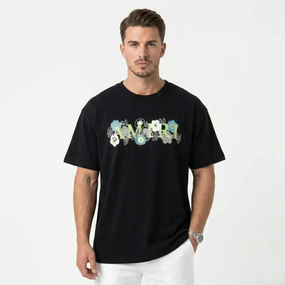 Amiri Black Floral Logo-Print Cotton T-Shirt