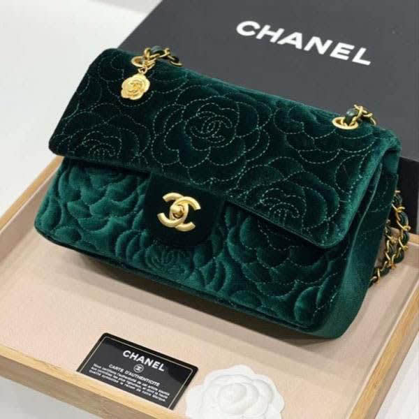 Chanel Velvet Camellia Green Flower Premium Sling Bag-2