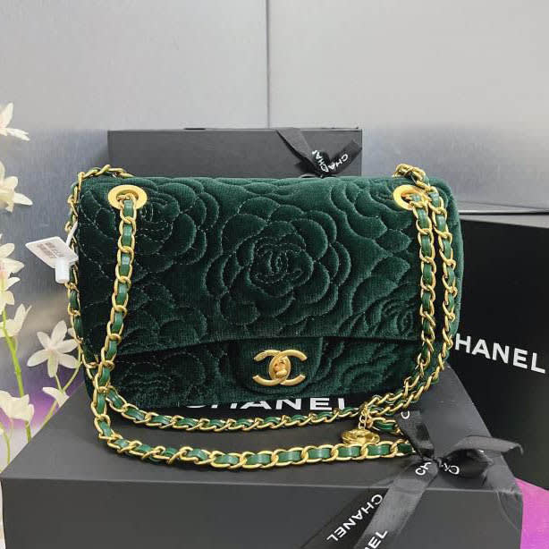 Chanel Velvet Camellia Green Flower Premium Sling Bag-1