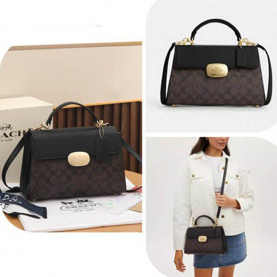 Coach Eliza Top Handle Black & Dark Brown Premium Handbag-thumb-2