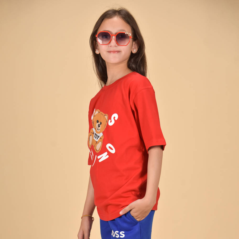 Moschino Red Teddy Print Premium Kids T-shirt-thumb-4