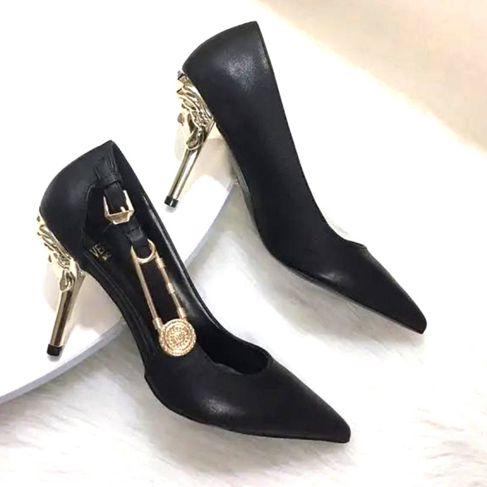 Versace Black Safety Pin Pump Heel Sandals-thumb-1