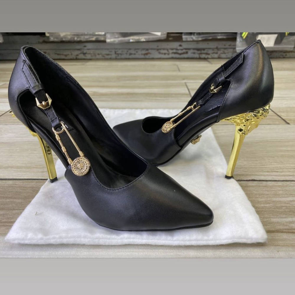 Versace Black Safety Pin Pump Heel Sandals-thumb-0