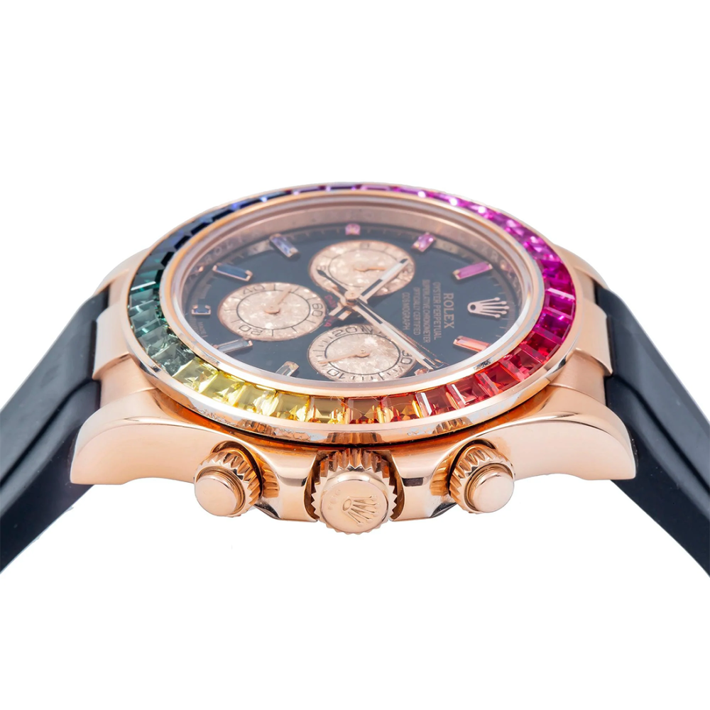 Rolex Cosmograph Daytona 116505 Black Rainbow Hour Diamond Dial Rainbow Gemstone Bezel Black Rubber Strap Watch-2