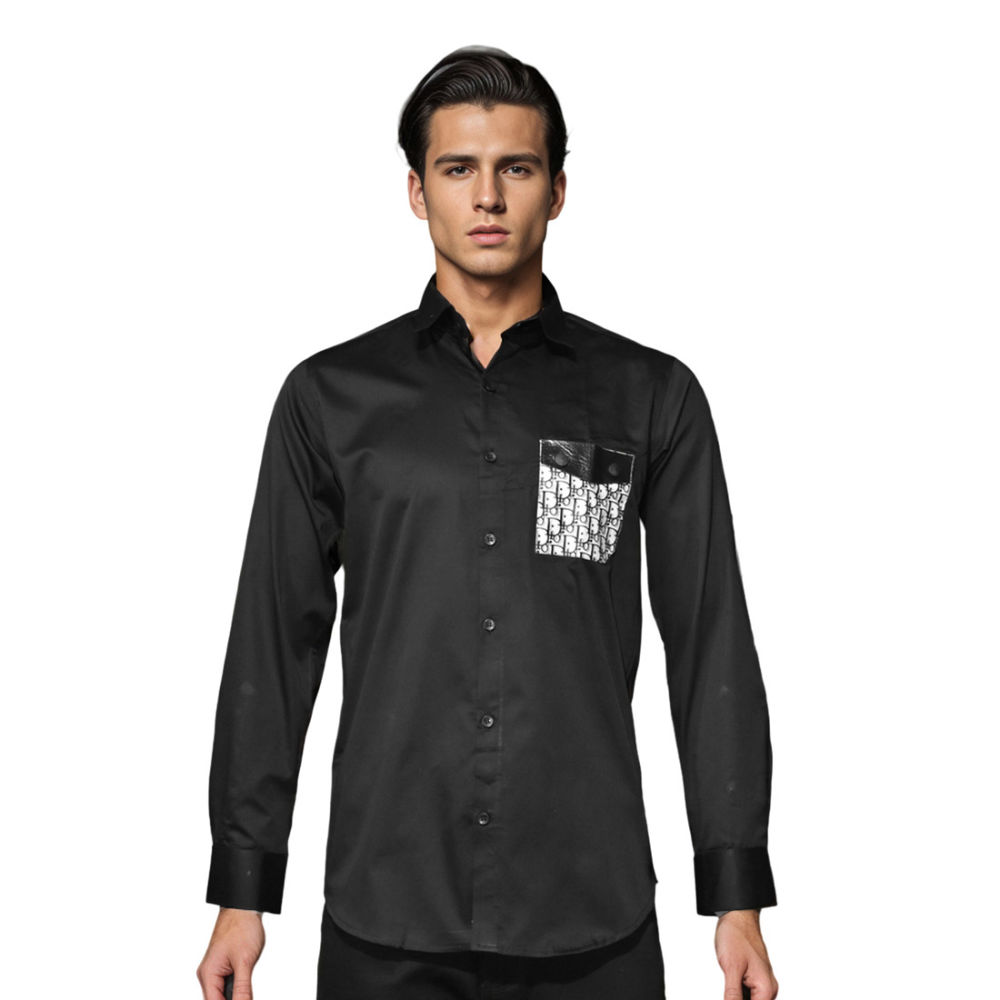 Dior Black Oblique Pattern Pocket Logo Shirt-7