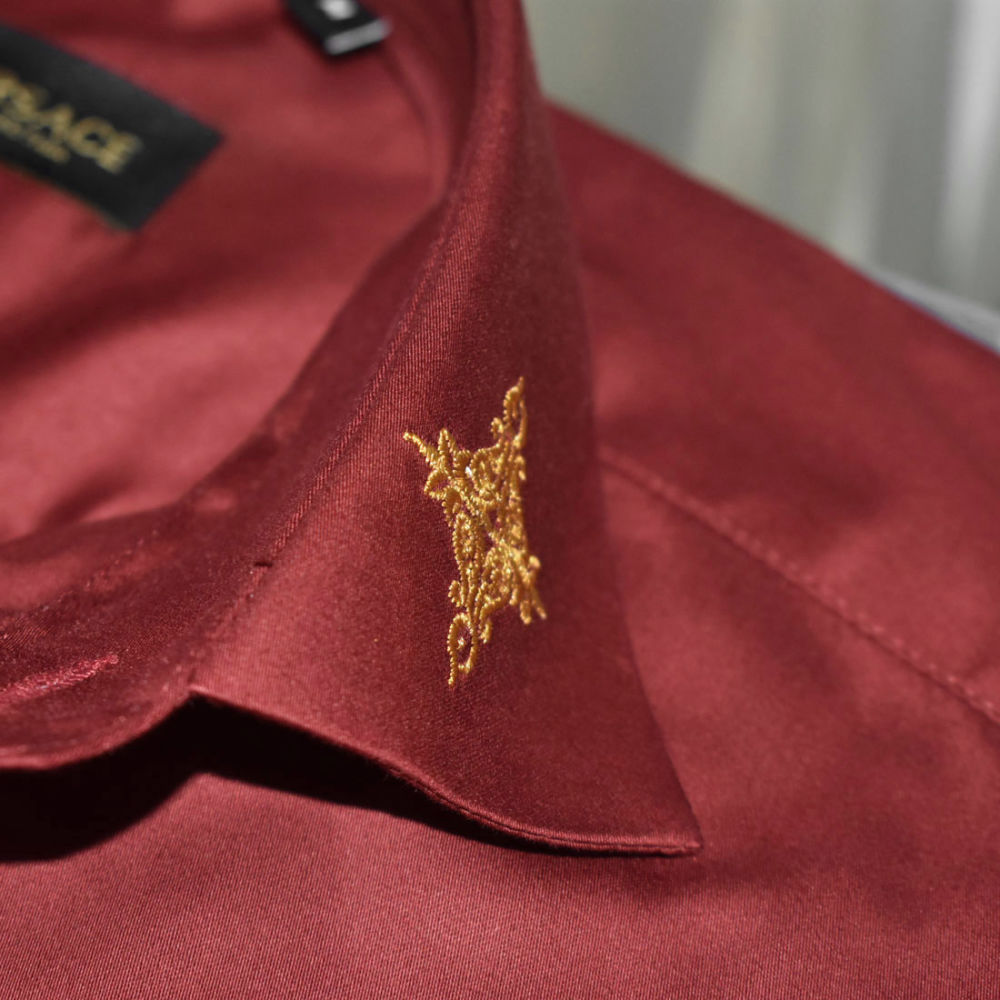 Versace Embroidered Wine Premium Cotton Shirt-thumb-6