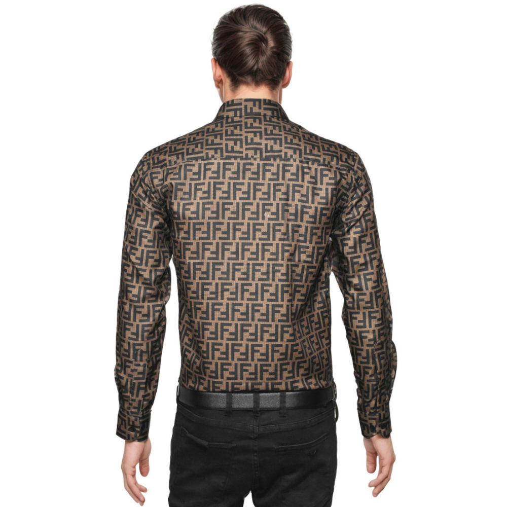 Fendi logo Print Brown Premium Cotton Shirt-1