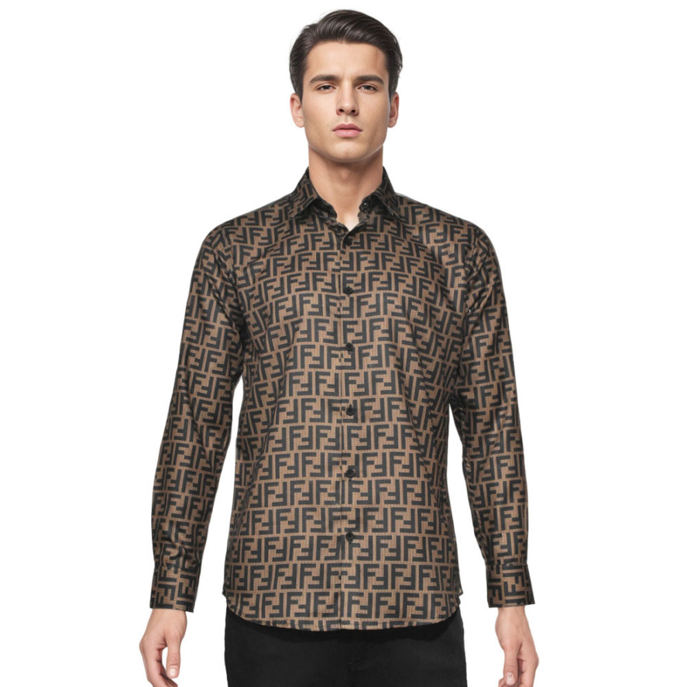 Fendi logo Print Brown Premium Cotton Shirt-6