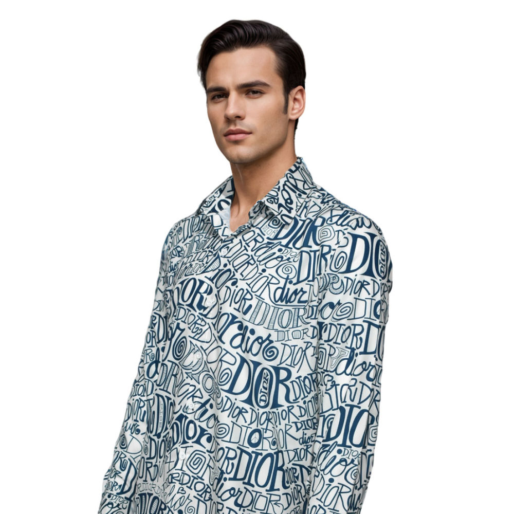Dior White and Blue Swirl Logo Printed Shirt-2