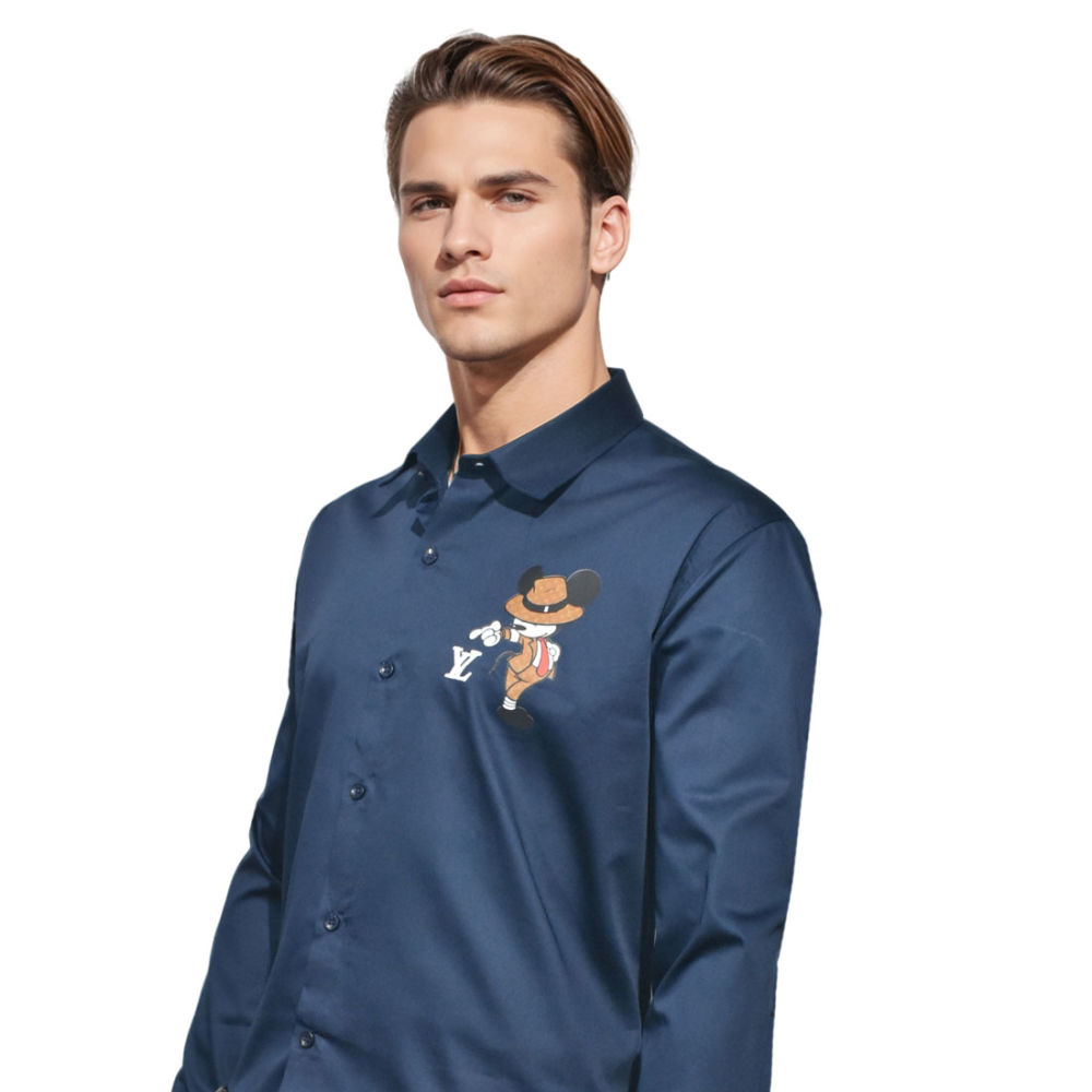 Louis Vuitton Mickey Mouse Print Navy Blue Shirt-thumb-2