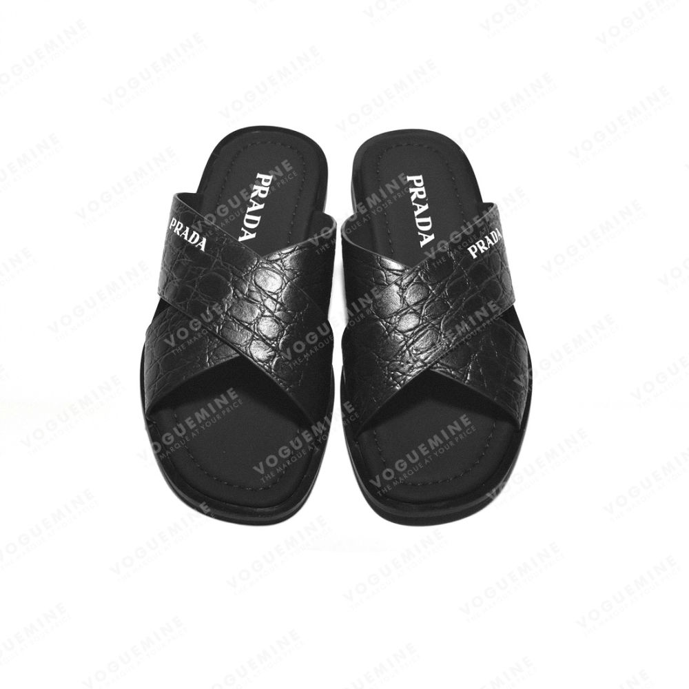 Prada Black Croc-embossed Crisscross Flip-flops-3