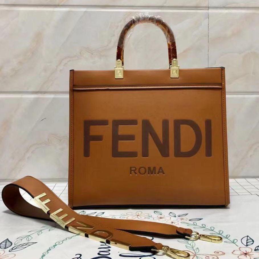 Fendi Brown Leather Medium Sunshine Tote Bag-thumb-0