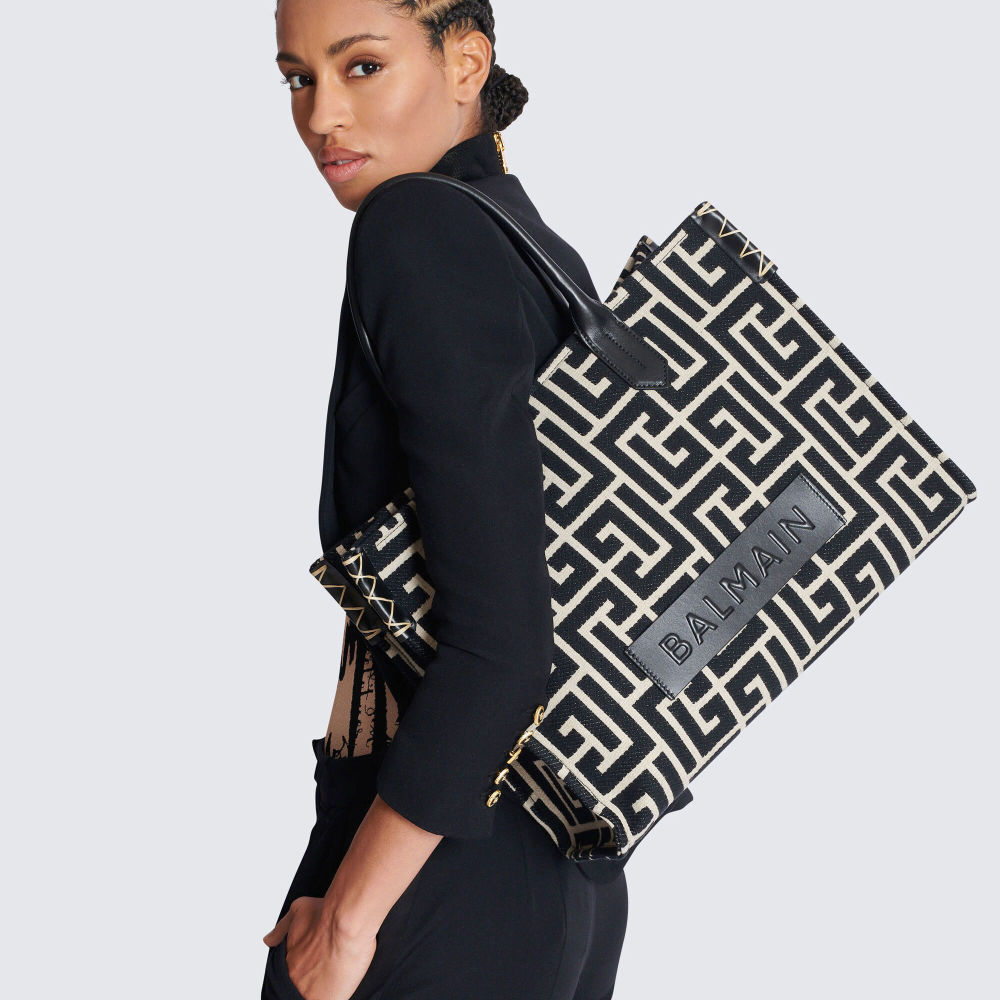 Balmain B-Army 42 monogram jacquard and leather Tote bag-4