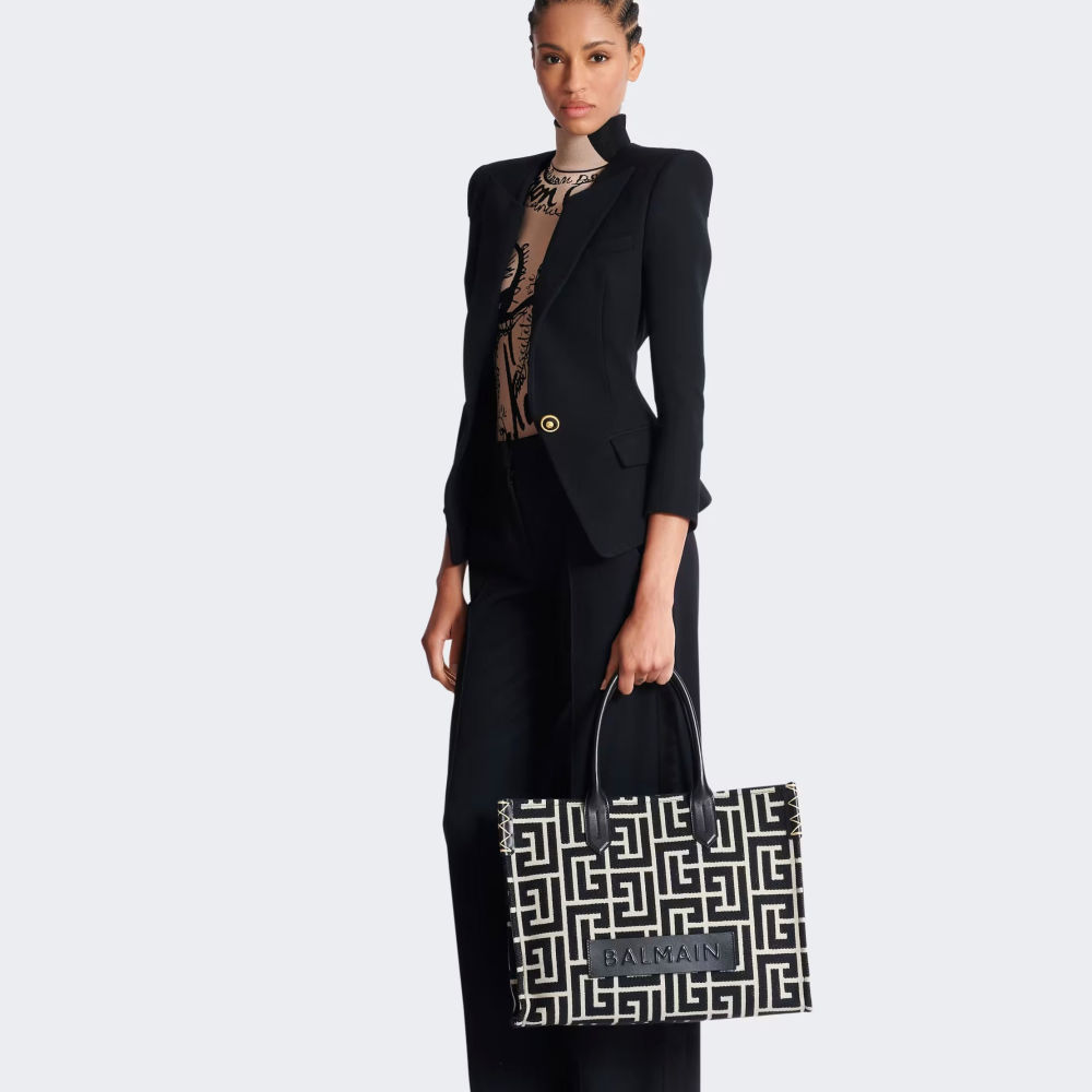 Balmain B-Army 42 monogram jacquard and leather Tote bag-5
