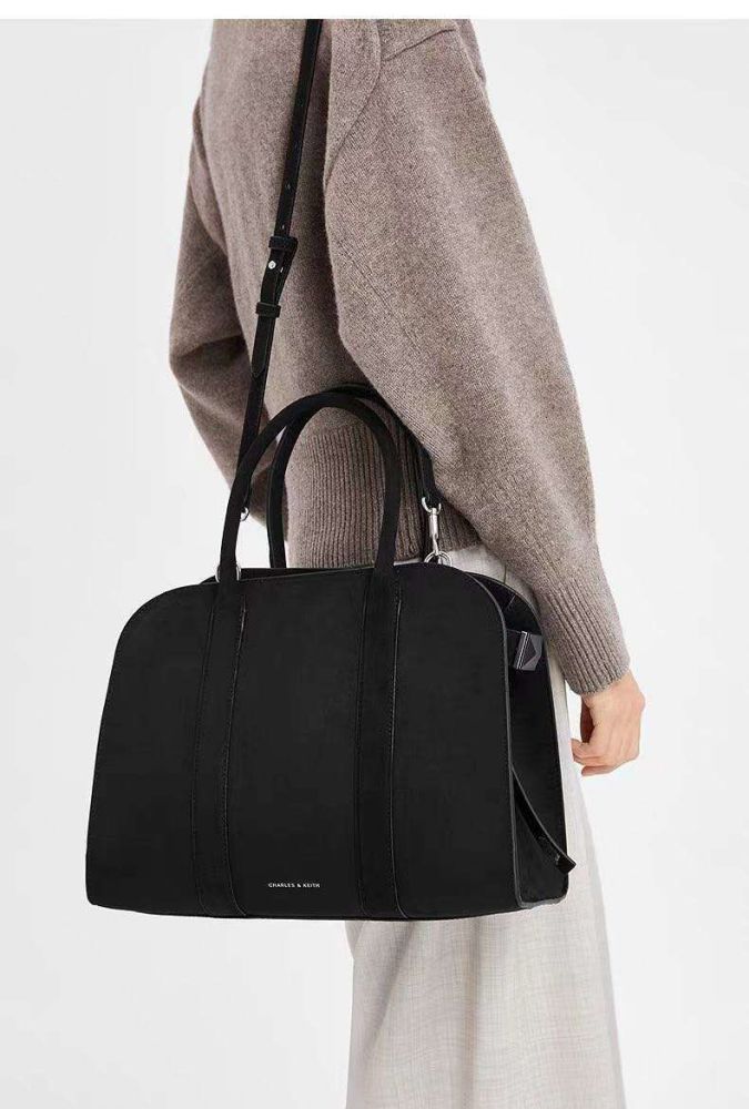 Charles & Keith Axel Faux Suede Black Bowling Bag-thumb-0