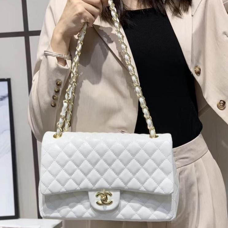 Chanel Jumbo Sponge Leather White Handbag-thumb-0