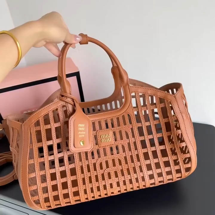 Miu Miu Leather Trimmed Large Brown Bucket Bag-1