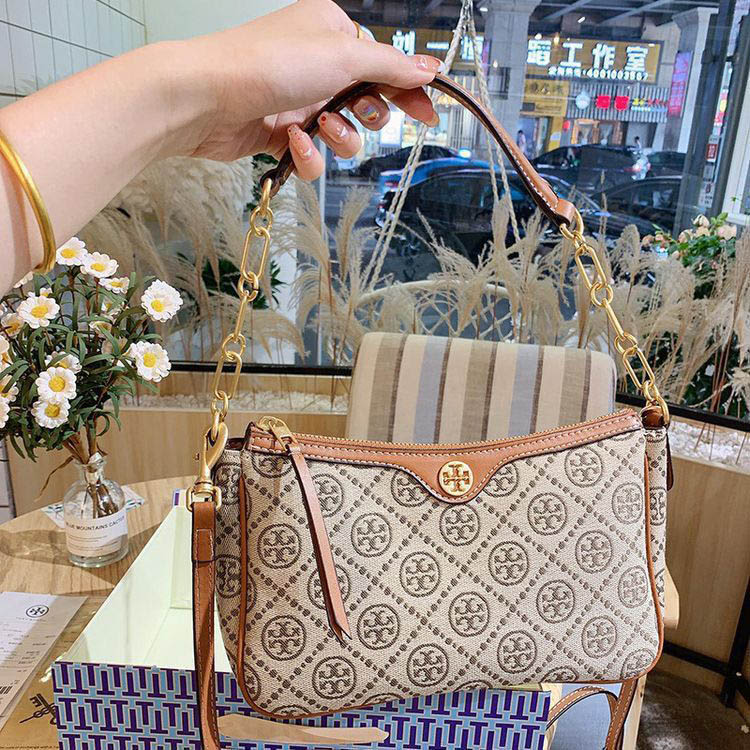 Tory Burch T Monogram Jacquard Cream Shoulder Bag-thumb-0