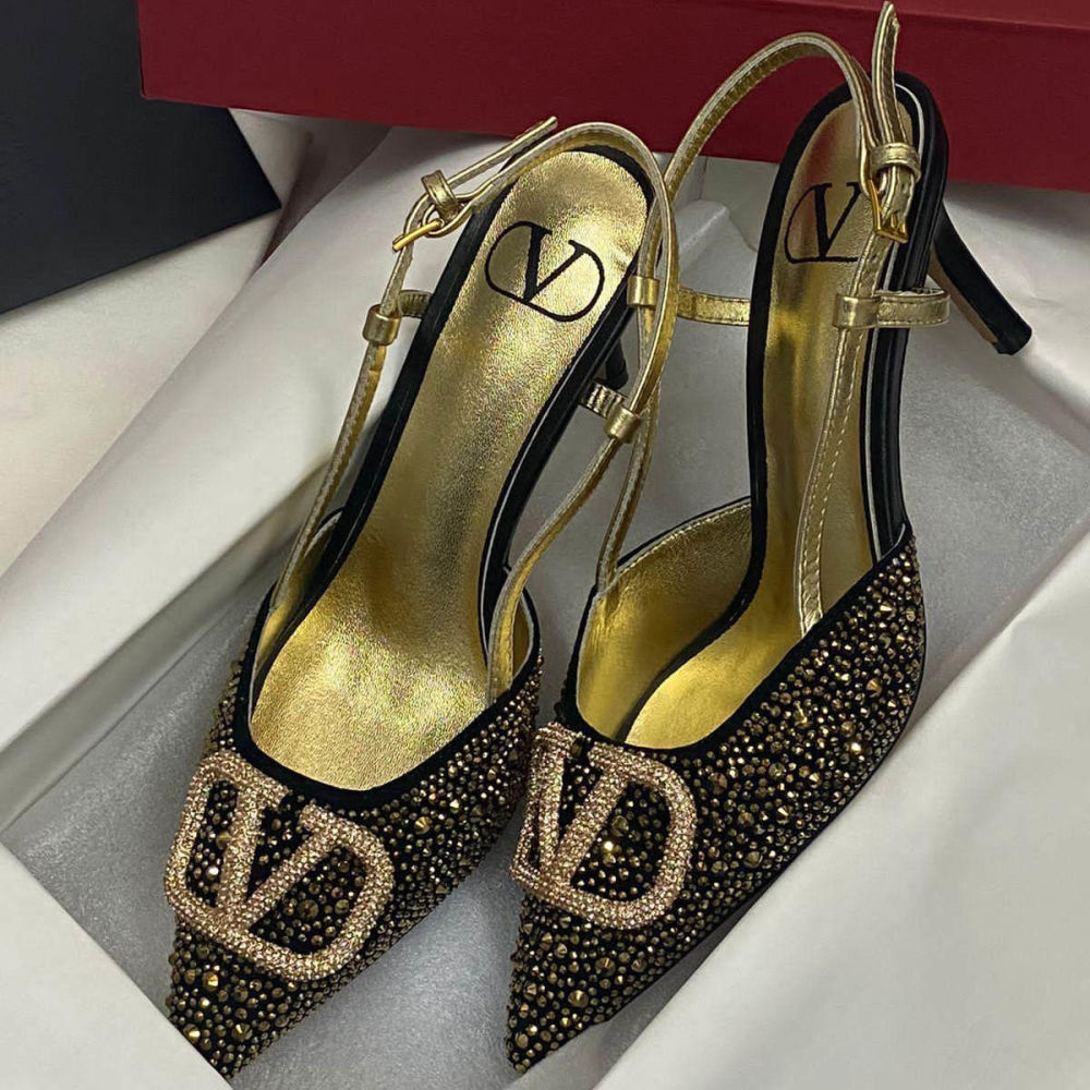 Valentino Black & Golden Premium Quality Heels Sandals-3