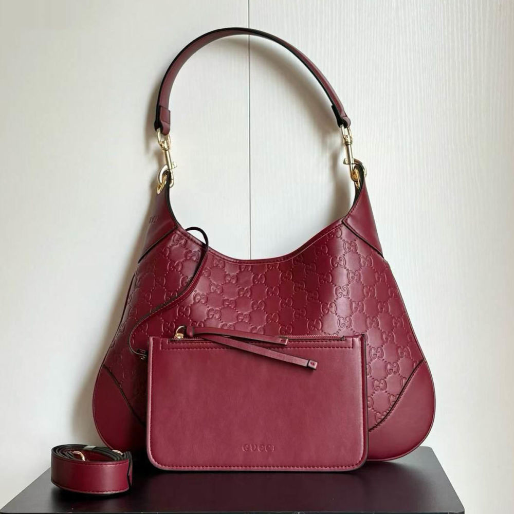 Gucci B Medium Hobo Embossed Wine Tote Bag-1