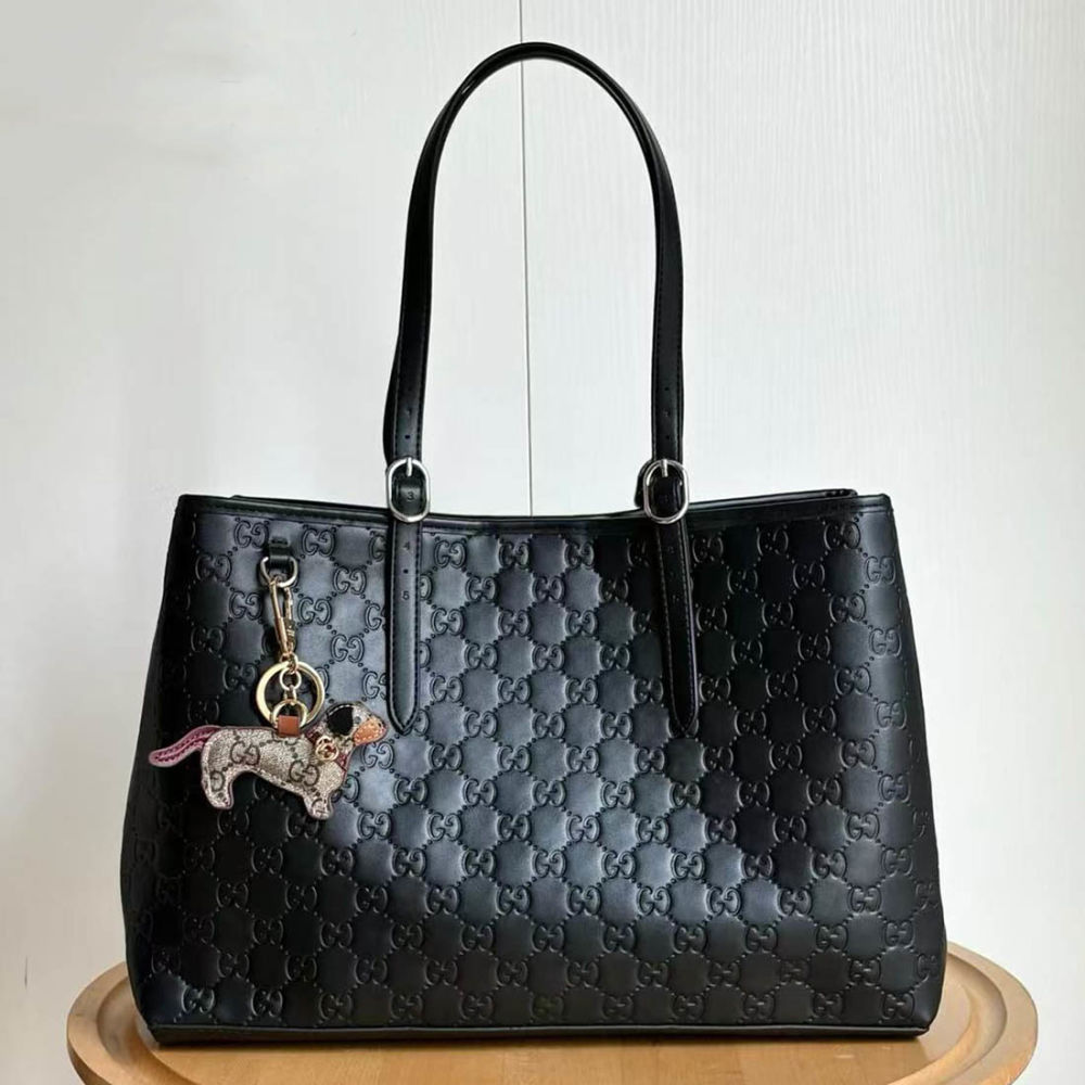 Gucci Emblem Black Embossed Tote Bag-thumb-0