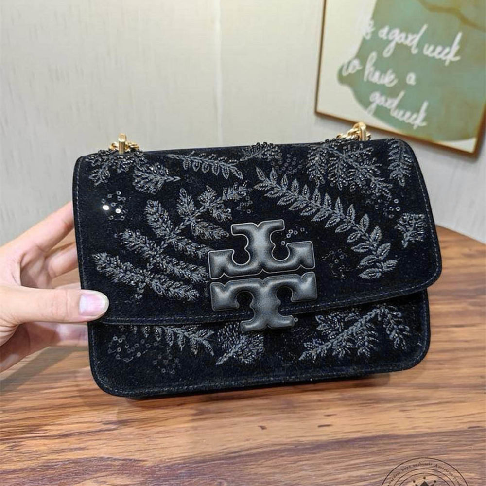 Tory Burch Eleanor Velvet Embellished Convertible Chain Shoulder Bag-thumb-0