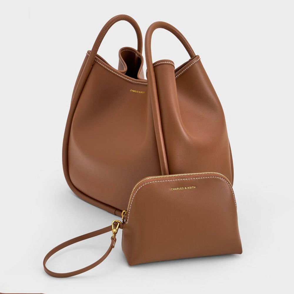 Charles & Keith Lyla Tubular Small Brown Tote Bag-3
