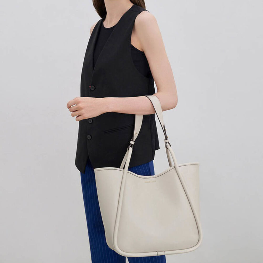 Charles & Keith Lyla Tubular Small Cream Tote Bag-thumb-4