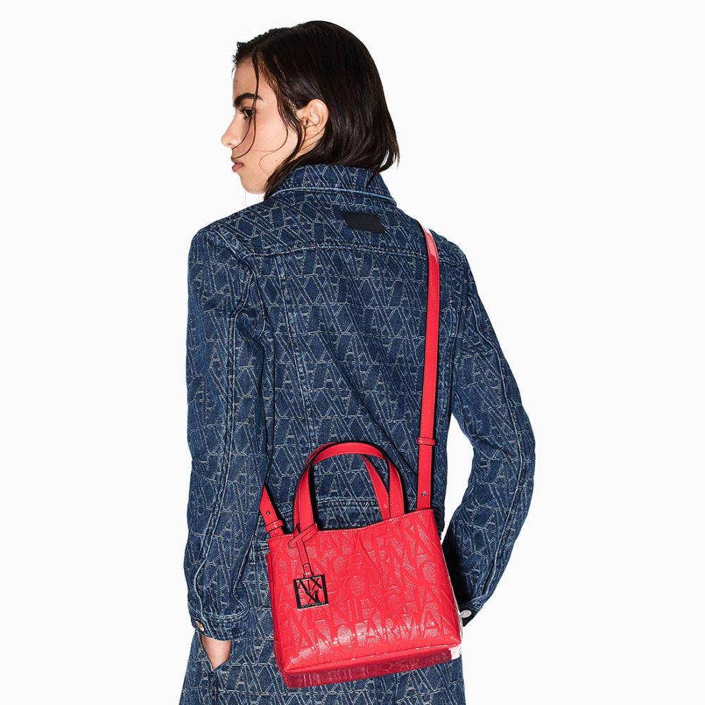 Armani Exchange Glossy Red Embossed Logo Tote Bag-5