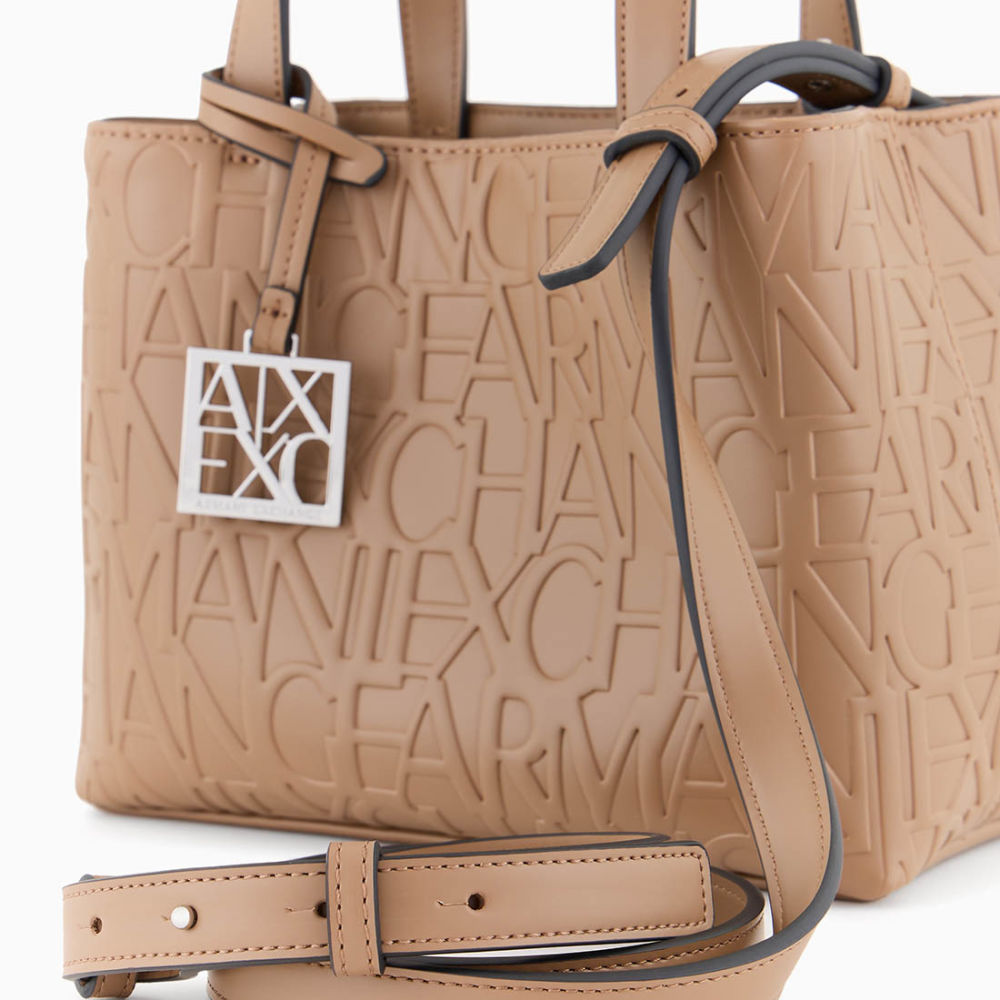 Armani Exchange Glossy Embossed Logo Beige Tote Bag-thumb-2