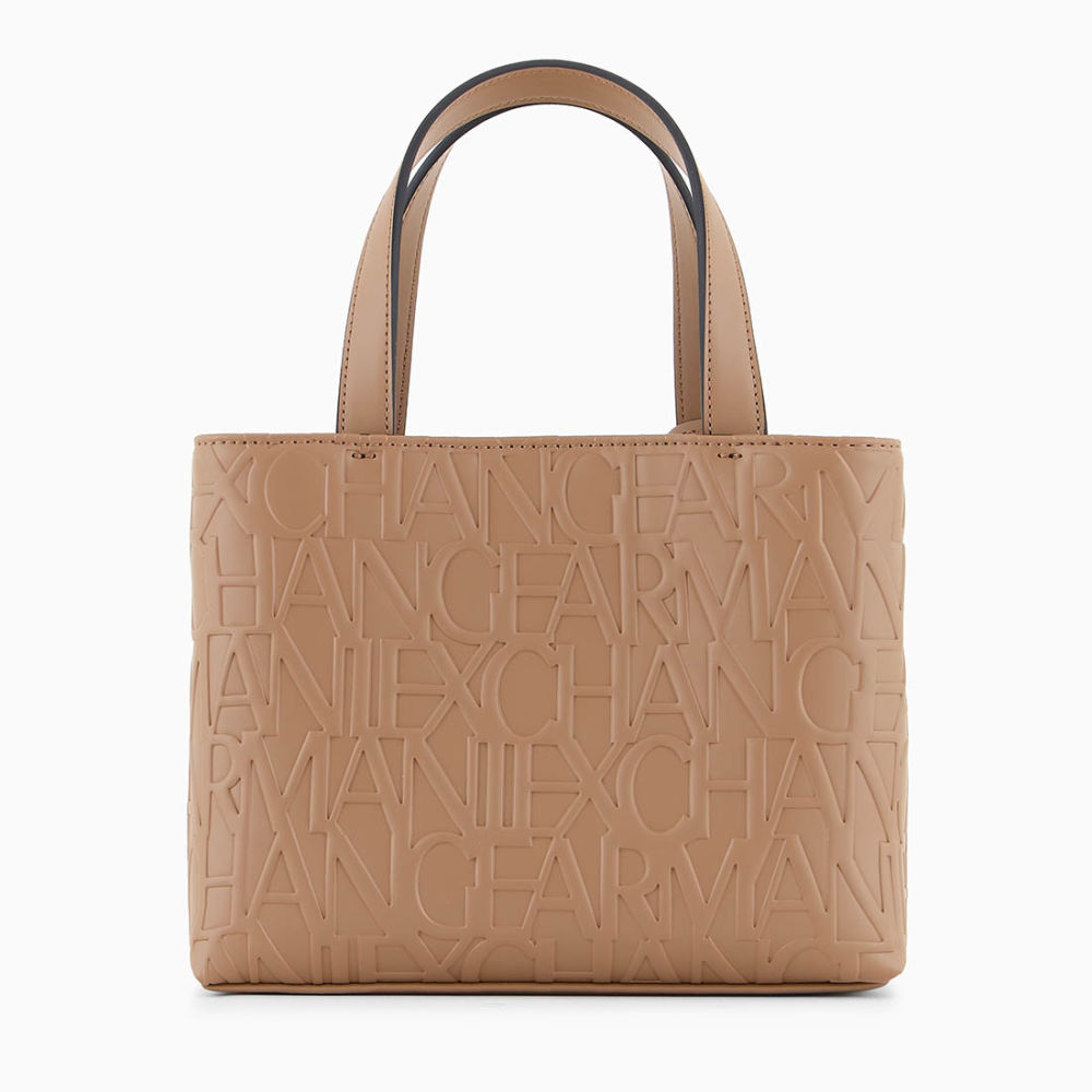 Armani Exchange Glossy Embossed Logo Beige Tote Bag-thumb-1
