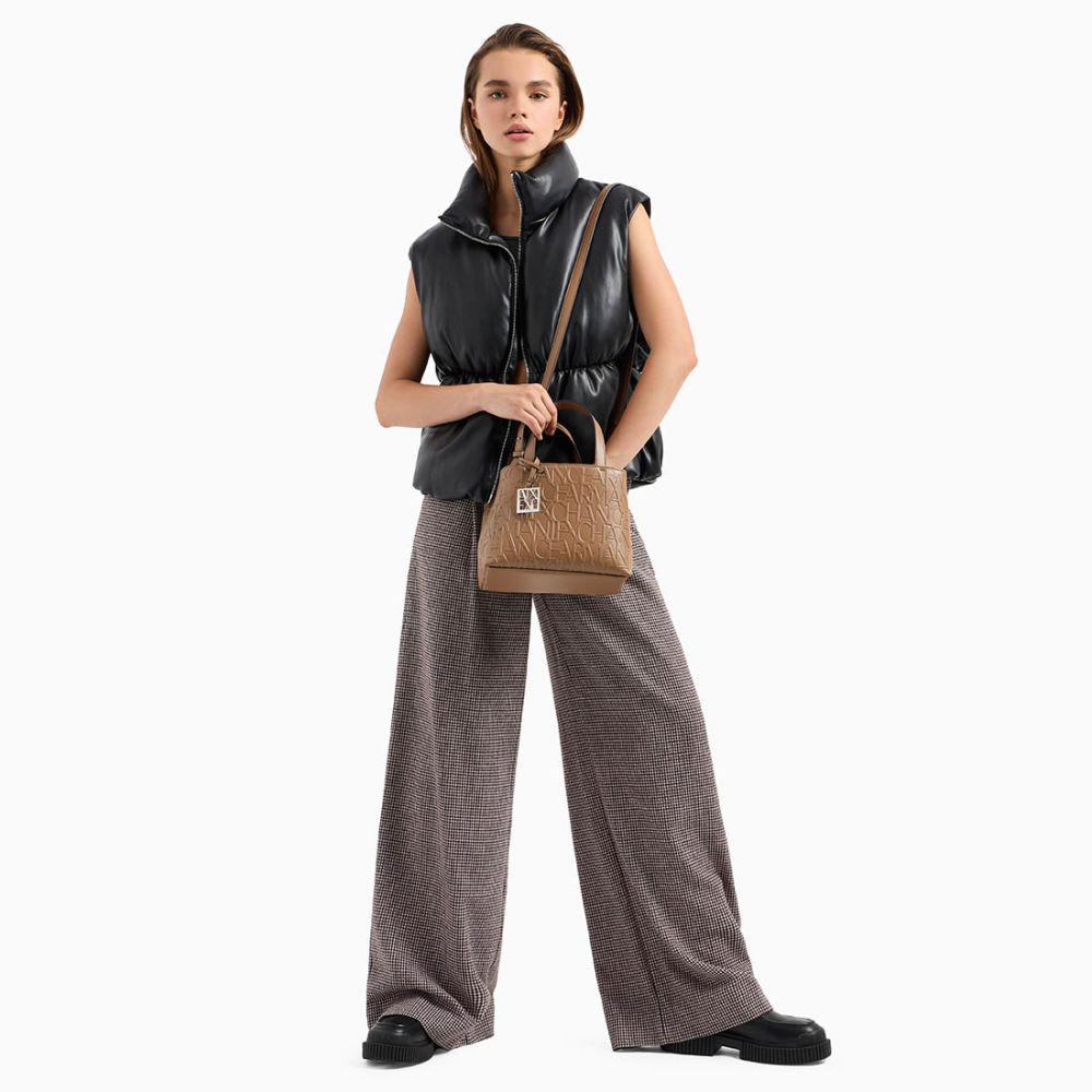 Armani Exchange Glossy Embossed Logo Beige Tote Bag-thumb-4