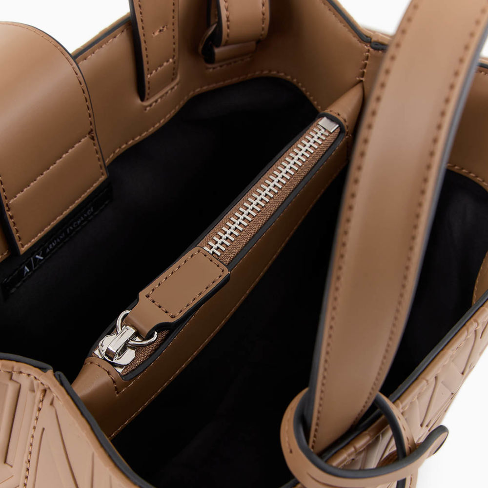 Armani Exchange Glossy Embossed Logo Beige Tote Bag-thumb-3