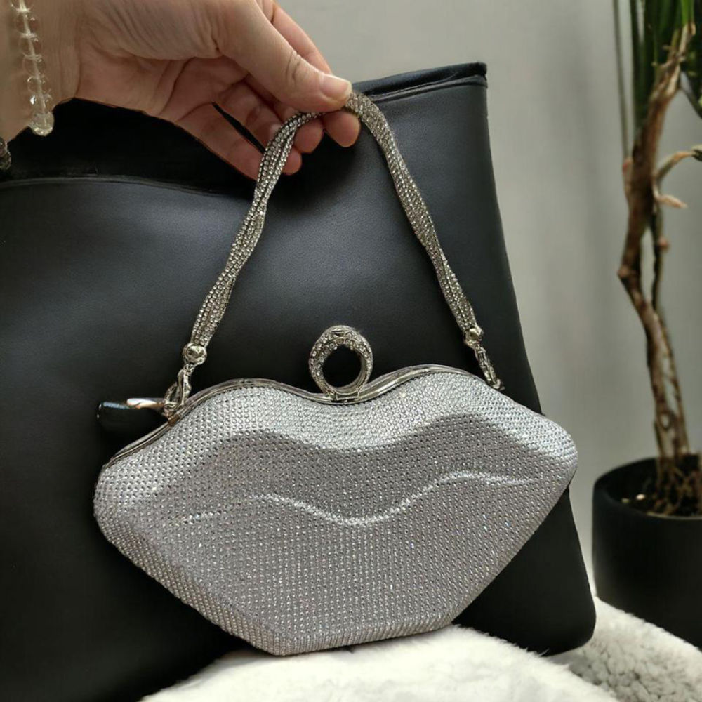 Swvaroski Lip Shape Party Wear Silver Clutch Bag-1