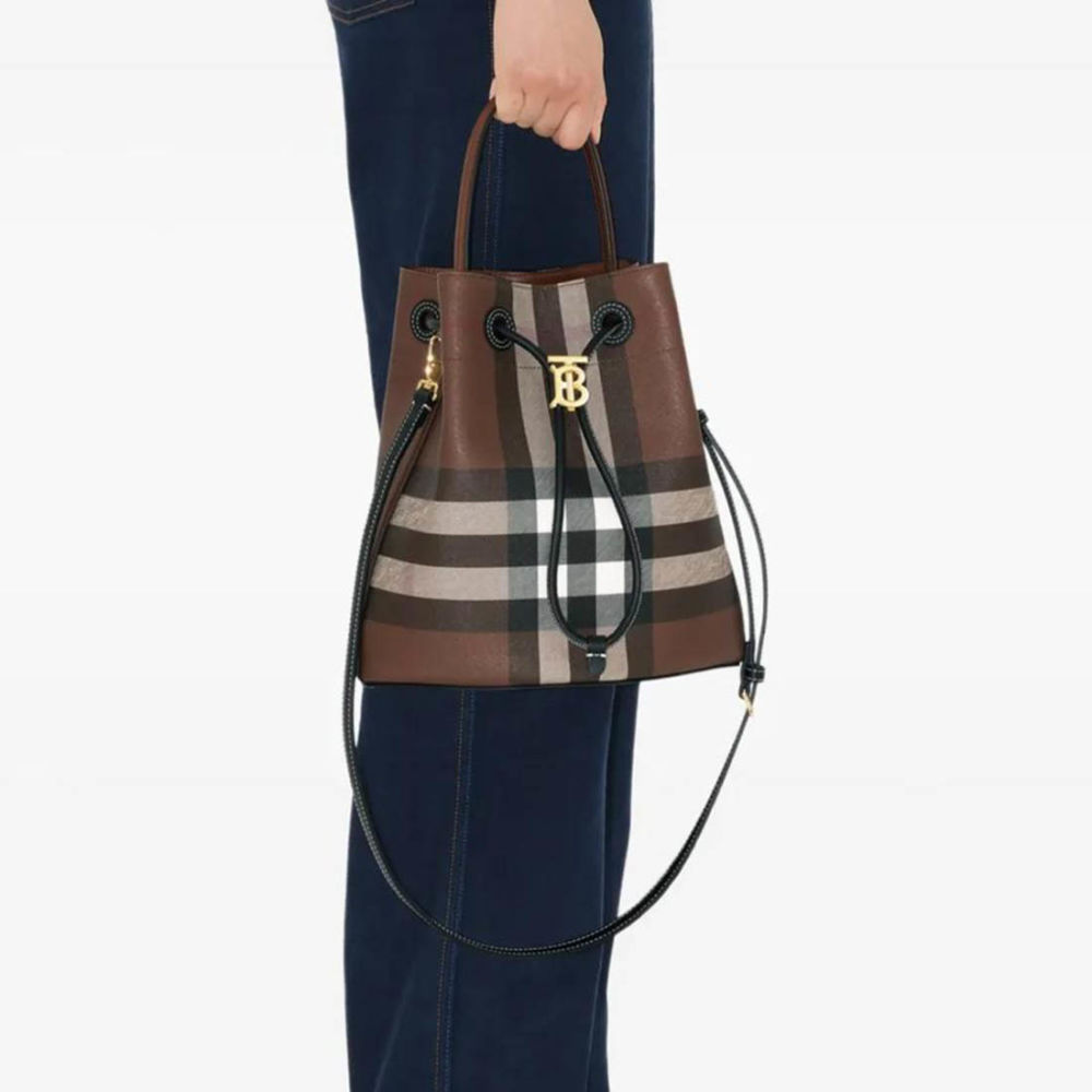 Burberry Dark Birch Brown Checked Bucket Bag-2