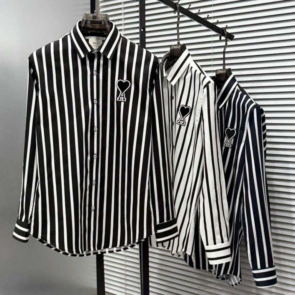 Ami Paris Heart Logo Black Striped Shirt-2