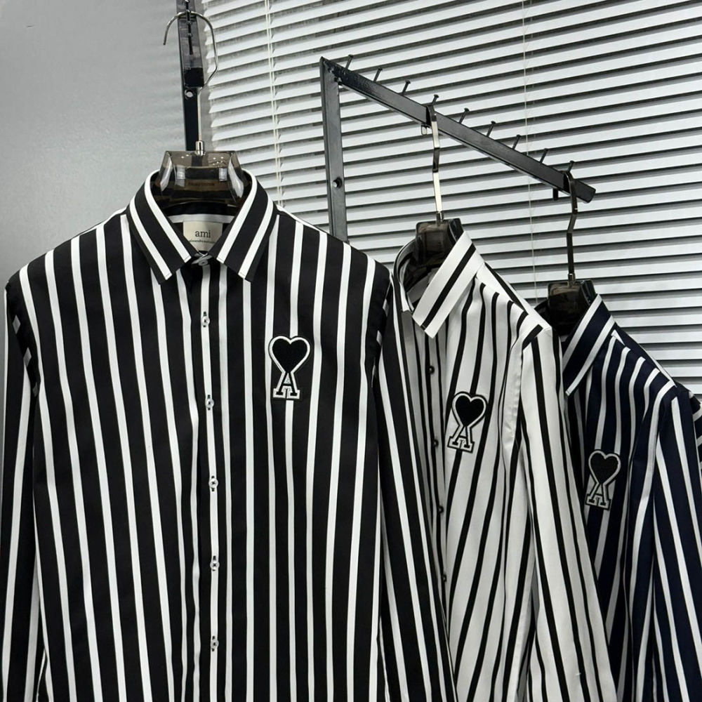 Ami Paris Heart Logo Black Striped Shirt-3