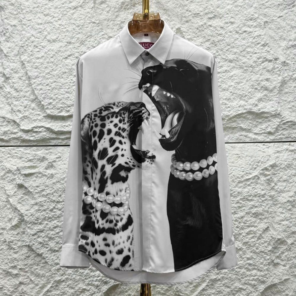 Gucci Leopard and Black Panther White Cotton Shirt-2
