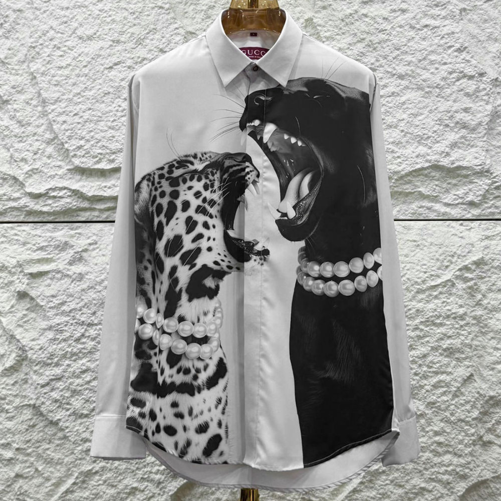 Gucci Leopard and Black Panther White Cotton Shirt-1