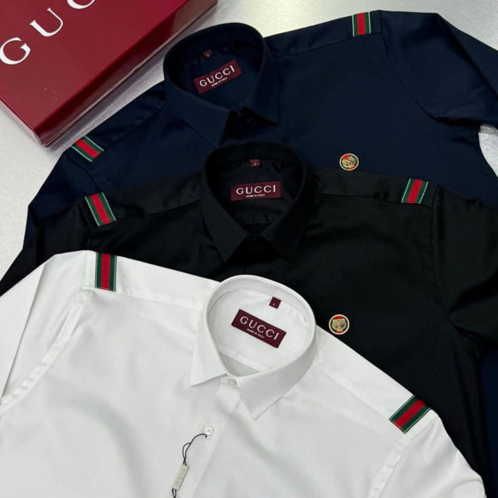 Gucci GG Embroidery Blue Stretch Cotton Shirt-1