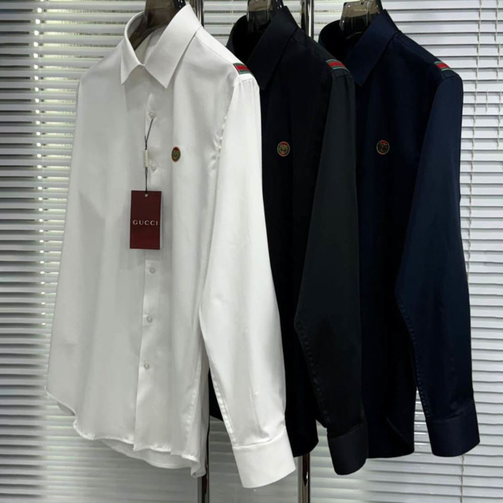 Gucci GG Embroidery Blue Stretch Cotton Shirt-4