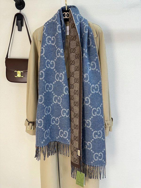 Gucci GG Monogram Bee Warm Blue Reversible Cashmere Stole-3