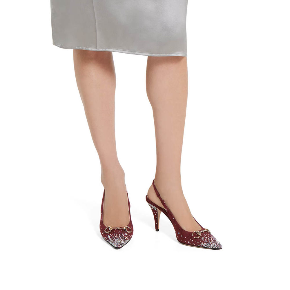 Gucci Women's Crystal Horsebit Red Slingback Heels Sandles-5