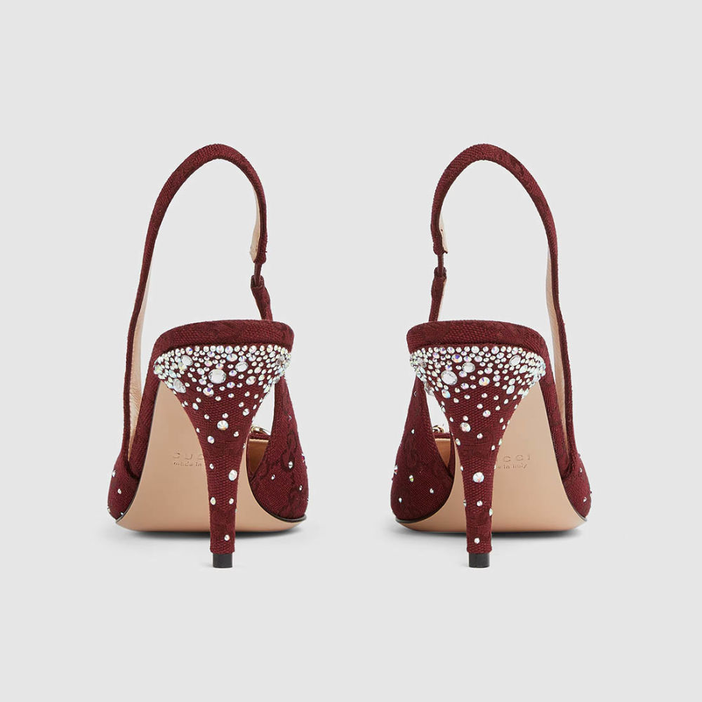 Gucci Women's Crystal Horsebit Red Slingback Heels Sandles-4