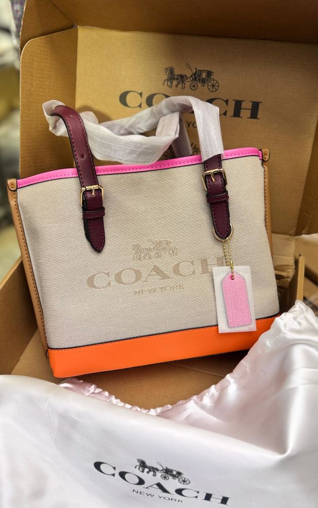 Coach Laurel White & Orange Mollie Colour Block Tote Bag-2