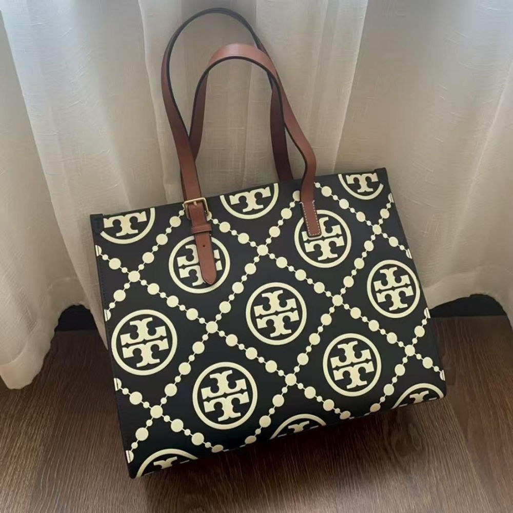 Tory Burch Monogram Black Contrast Embossed Tote Bag-thumb-0