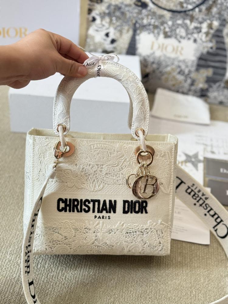 Christian Dior D Lite White Embroidered Bag-thumb-0