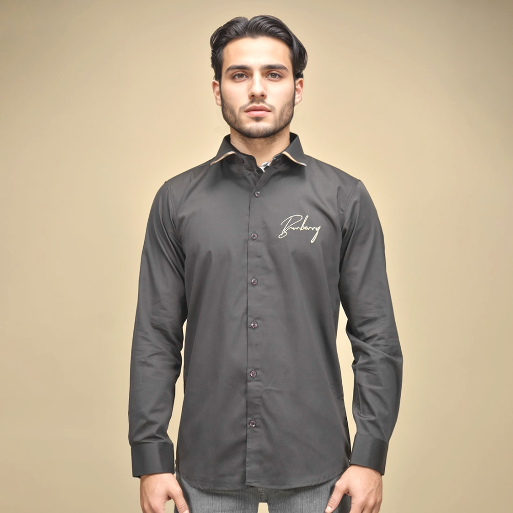 Burberry Embroidered Grey Cotton Premium Shirt-thumb-1