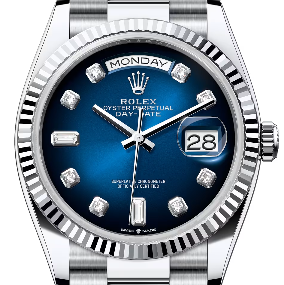 Rolex Date-just 36 mm Oyster Platinum Blue Dial 128236-1